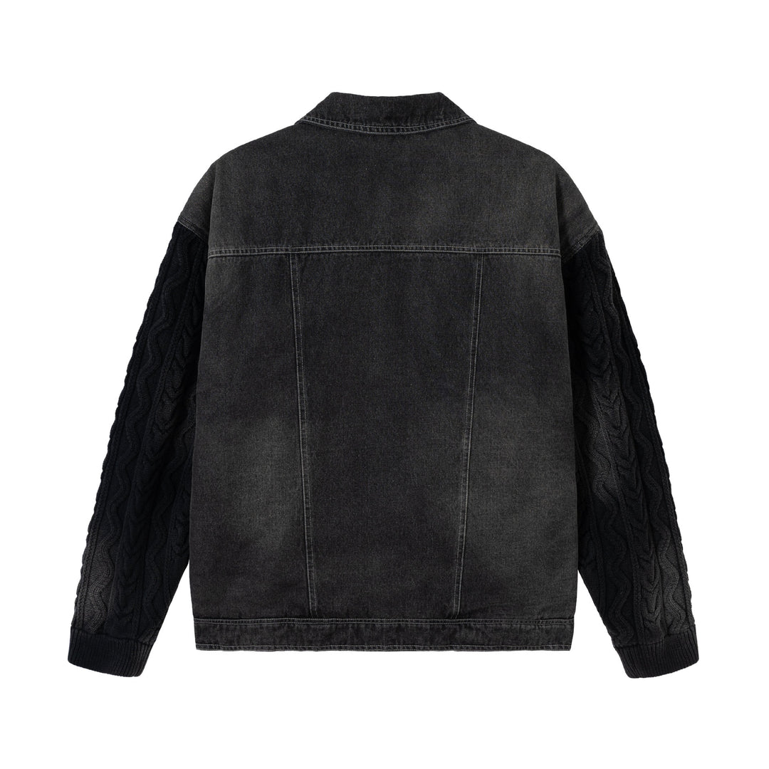Men's denim jacket with applied leather chest pockets and cable knit sleeves Mune Fashion