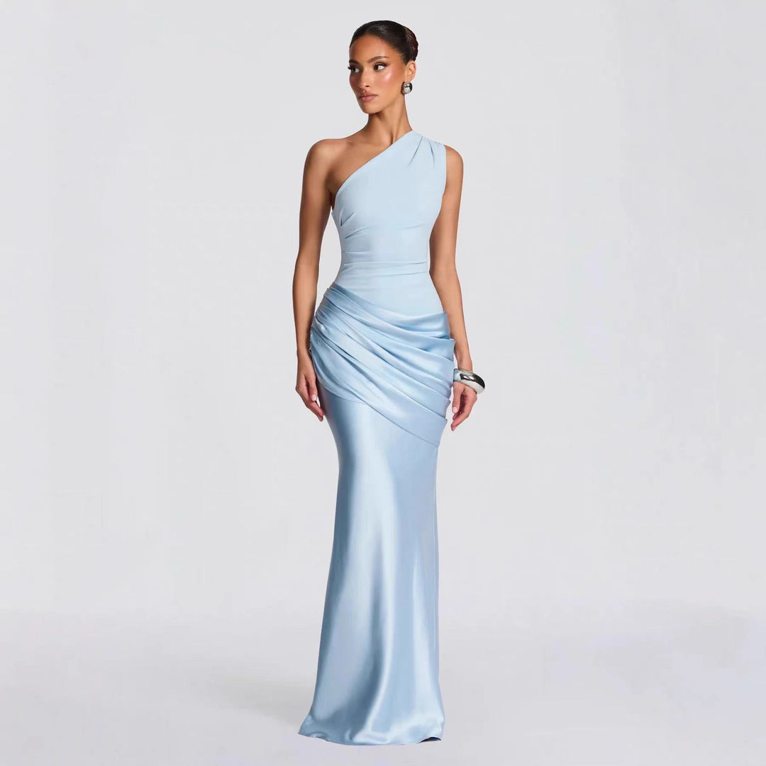 Women's elegant asymmetrical satin evening dress with drape design Mune Fashion