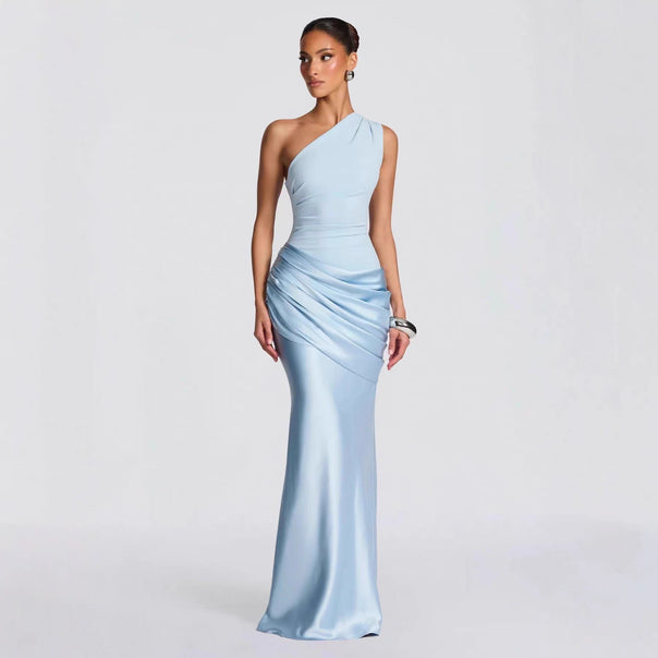 Women's elegant asymmetrical satin evening dress with drape design Mune Fashion