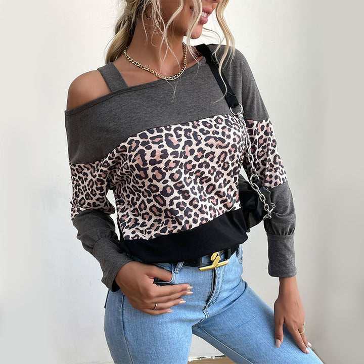 Women's Casual Off-Shoulder Sweater with Leopard Print, Contrast Blocks and Spaghetti Straps Mune Fashion