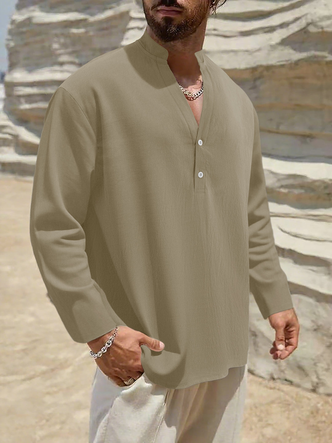 Men's Lightweight Linen Henley with Stand-up Collar and 2-Button Placket Mune Fashion