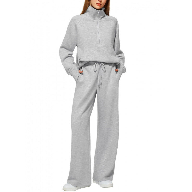 Women's Two-Piece Lounge Set with Half Zip, Stand Collar and Wide Palazzo Pants Mune Fashion