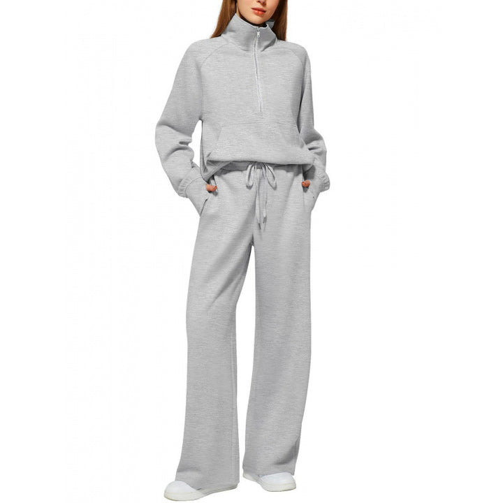Women's Two-Piece Lounge Set with Half Zip, Stand Collar and Wide Palazzo Pants Mune Fashion