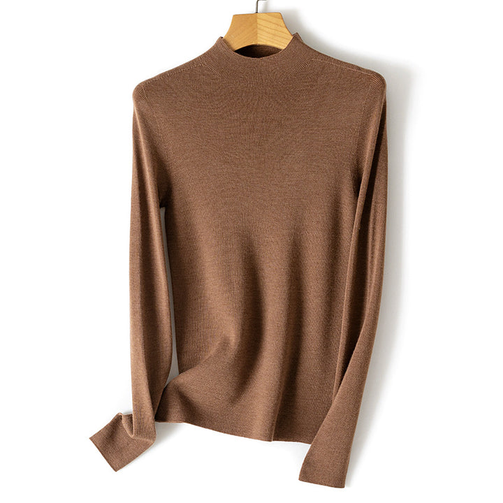 Women Fine Fine Knit Long Sleeve Sweater with Short Stand-Up Collar and Slim-Fit Mune Fashion