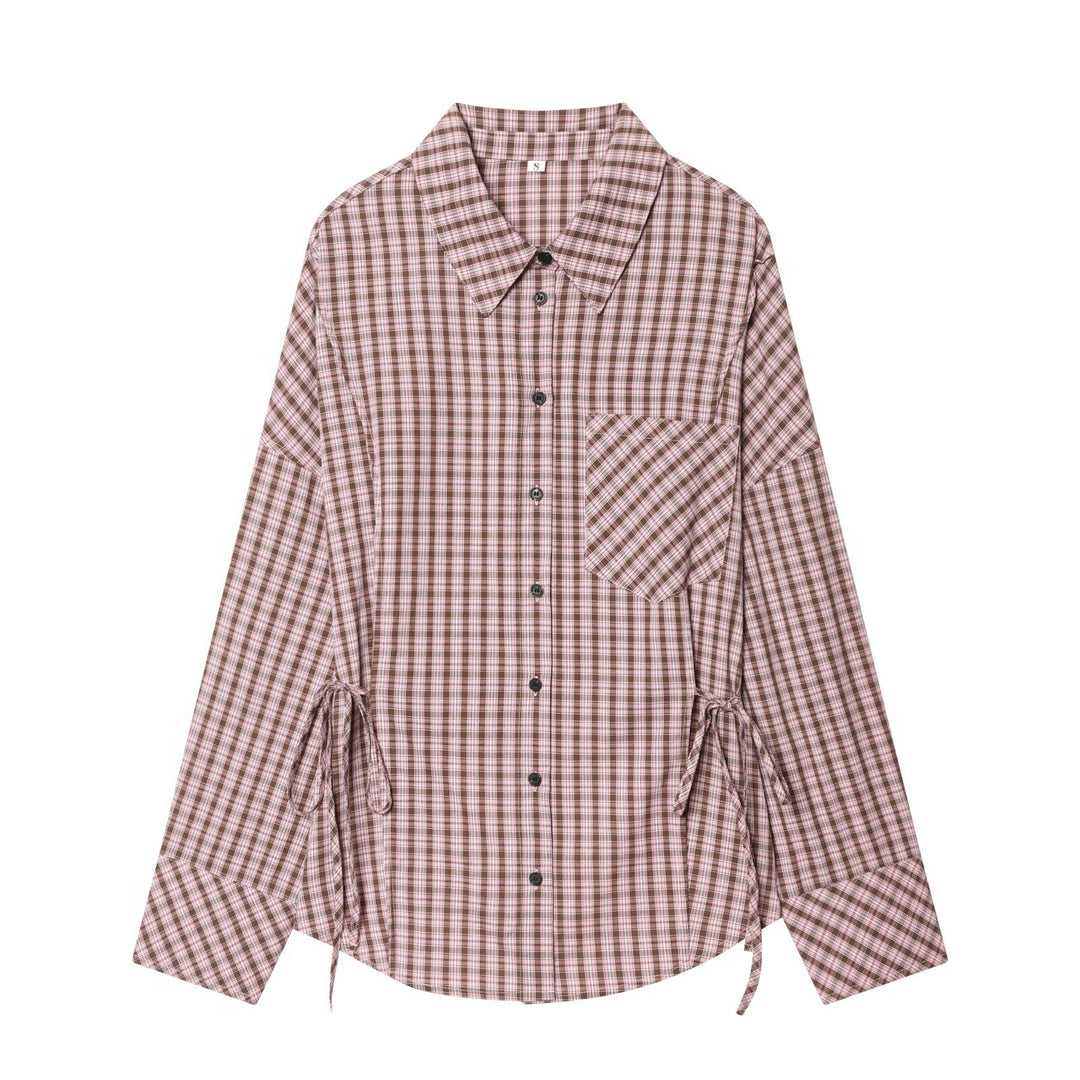 Women Checked Oversized Shirt Blouse with Side Tunnel Drawstrings and Breast Pocket Mune Fashion