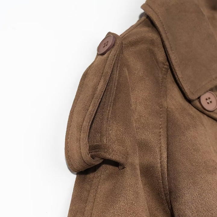 Women's Elegant Long Waist Trench Coat with Double-Breasted Button Placket and Flared Hem Mune Fashion
