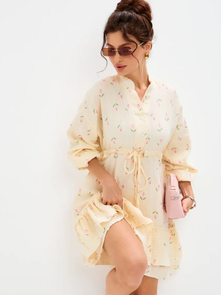Ladies Floral Cotton Mini Dress with Waist Lacing and Ruffle Hem Mune Fashion