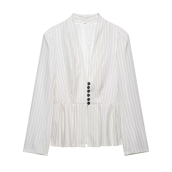 Women Tailored Blazer with Shawl Collar, Fine Pinstripes and Waist Emphasis Mune Fashion