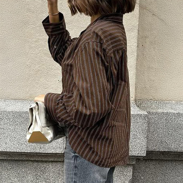 Women oversized casual shirt with fine pinstripes, shirt collar and chest pocket Mune Fashion