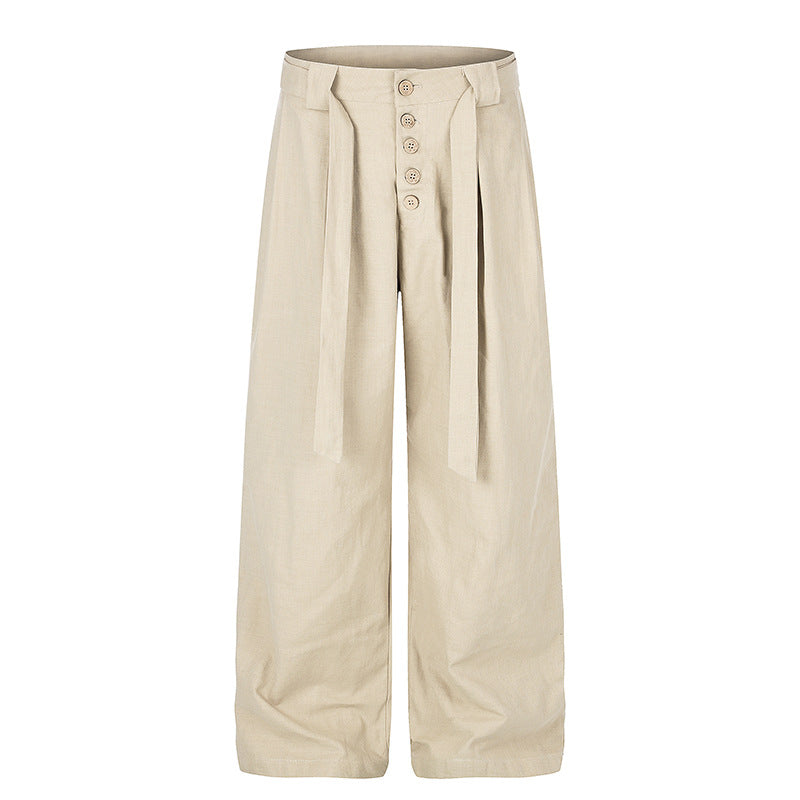 Women's High-Cut Linen Wide-Leg Trousers with Button Placket, Ties and Pleats