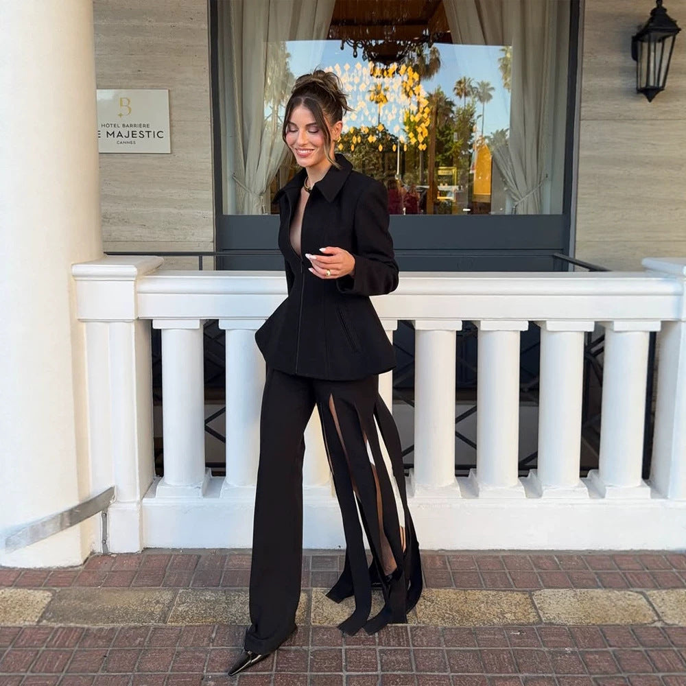 Women tailored zip blazer with peplum & structured shoulder Mune Fashion