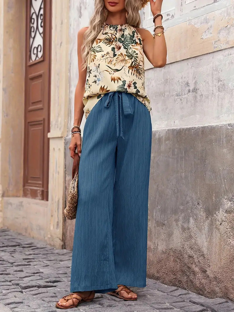 Women wide linen pants with drawstring and pleat look Mune Fashion
