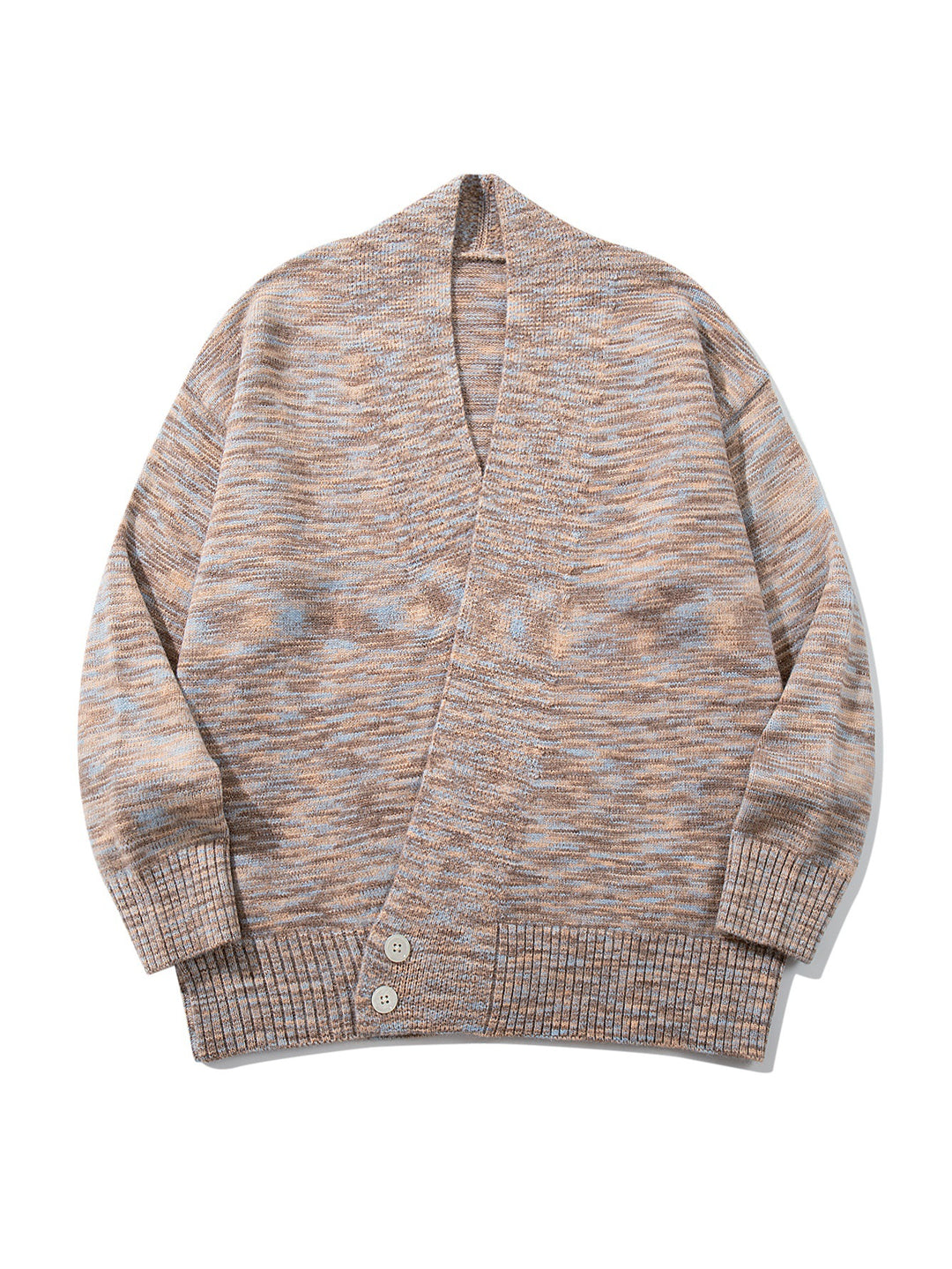 Women Oversize Knit Cardigan with Deep V-Neck, Button Placket at Hem and Melange Structure Mune Fashion