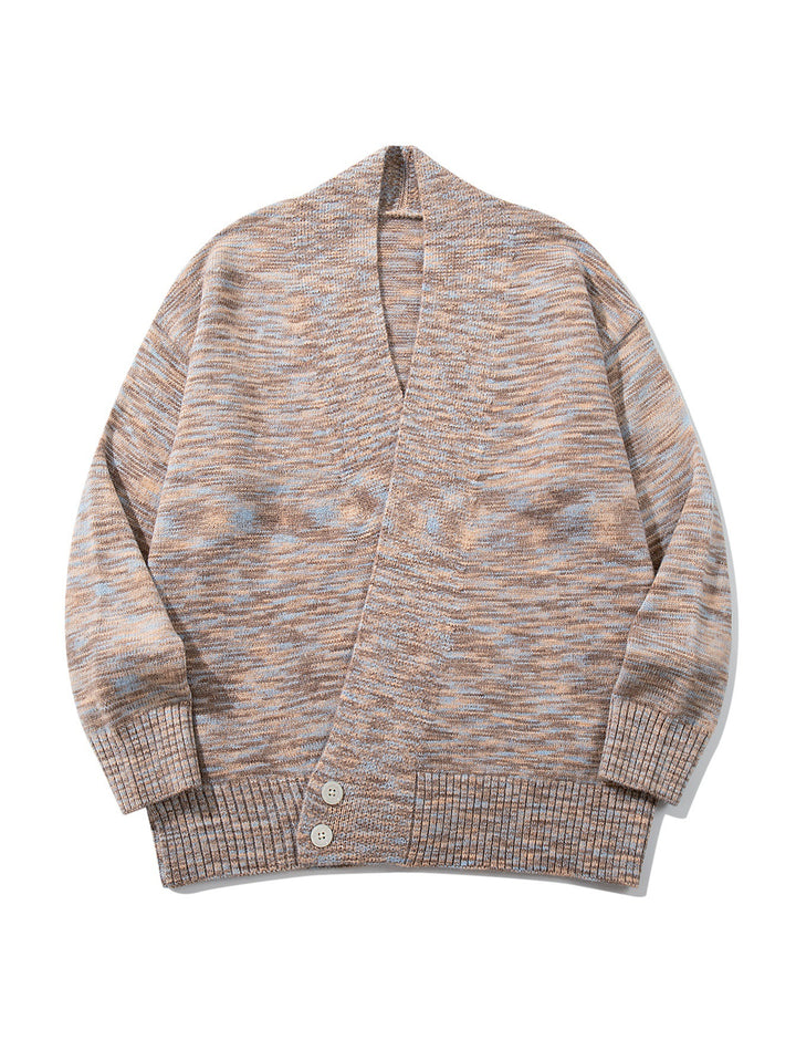 Women Oversize Knit Cardigan with Deep V-Neck, Button Placket at Hem and Melange Structure Mune Fashion