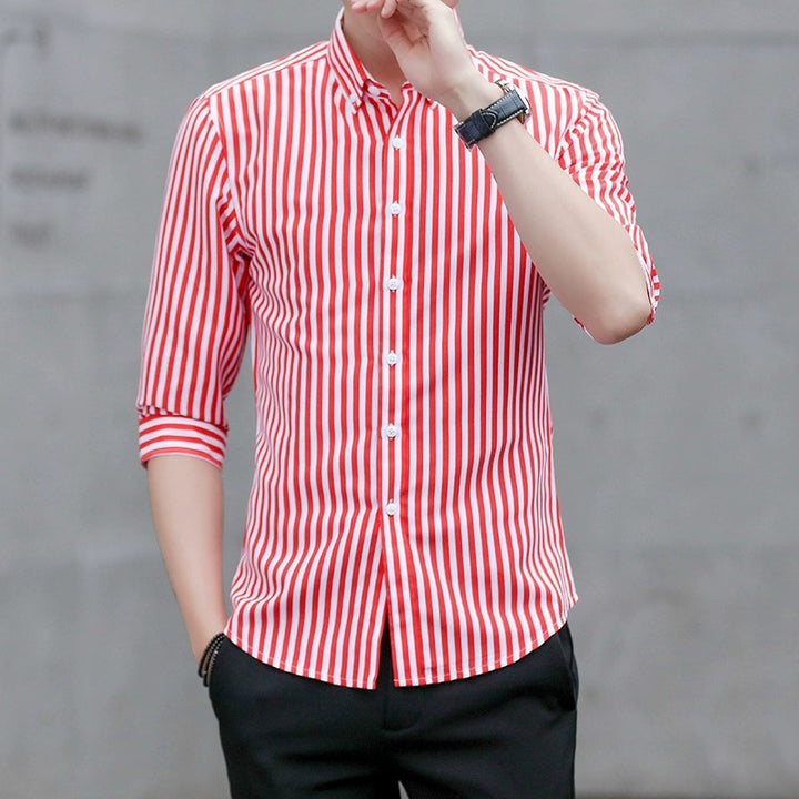 Men's Striped Button-Down Shirt with Kent Collar and Three-Quarter Sleeves in Tailored Casual Cut Mune Fashion