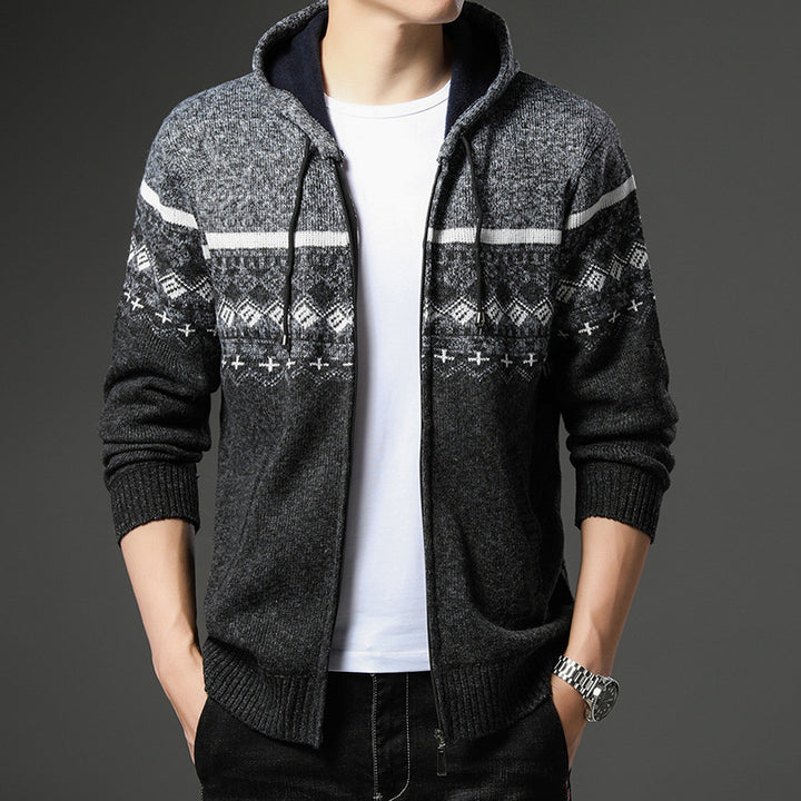 Men's Knit Zip Hoodie with Norwegian Pattern, Hood and Side Pockets Mune Fashion