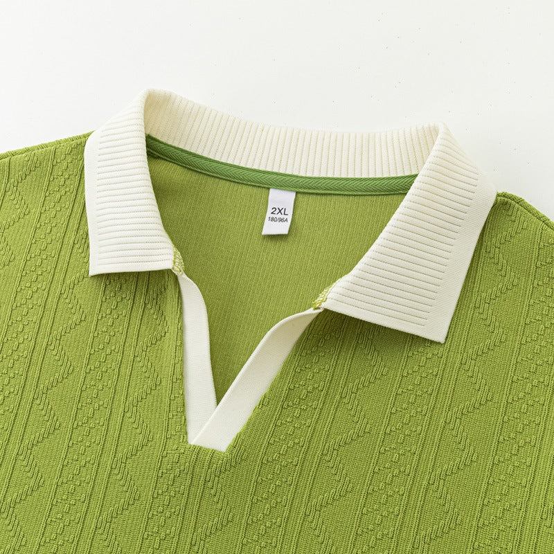Men's Oversize Knit Polo with Textured Knit, Open V-Neck and Ribbed Collar Mune Fashion