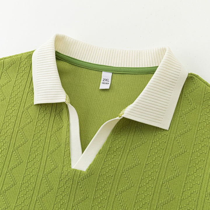 Men's Oversize Knit Polo with Textured Knit, Open V-Neck and Ribbed Collar Mune Fashion