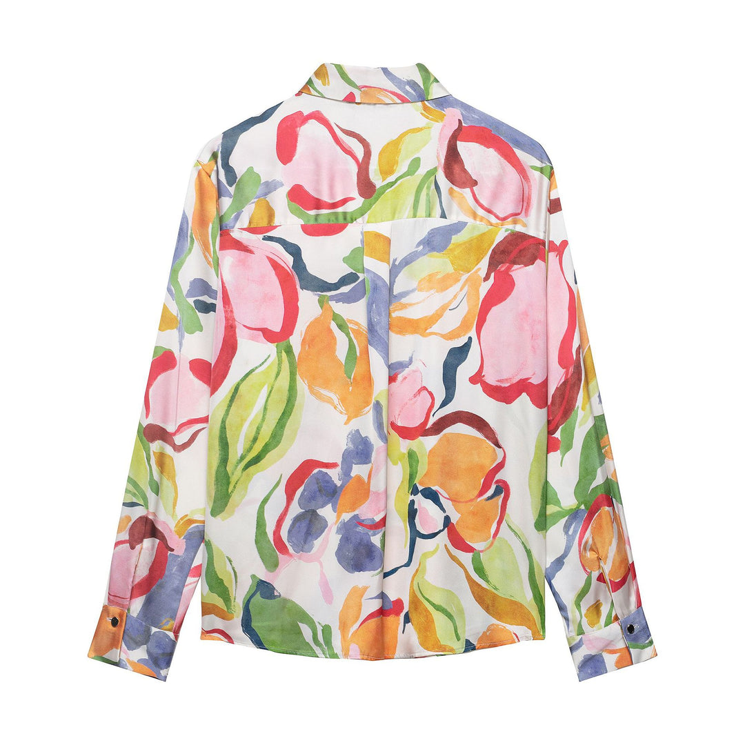Women Silk-imitate Blouse with Watercolor Print and Shirt Collar Mune Fashion