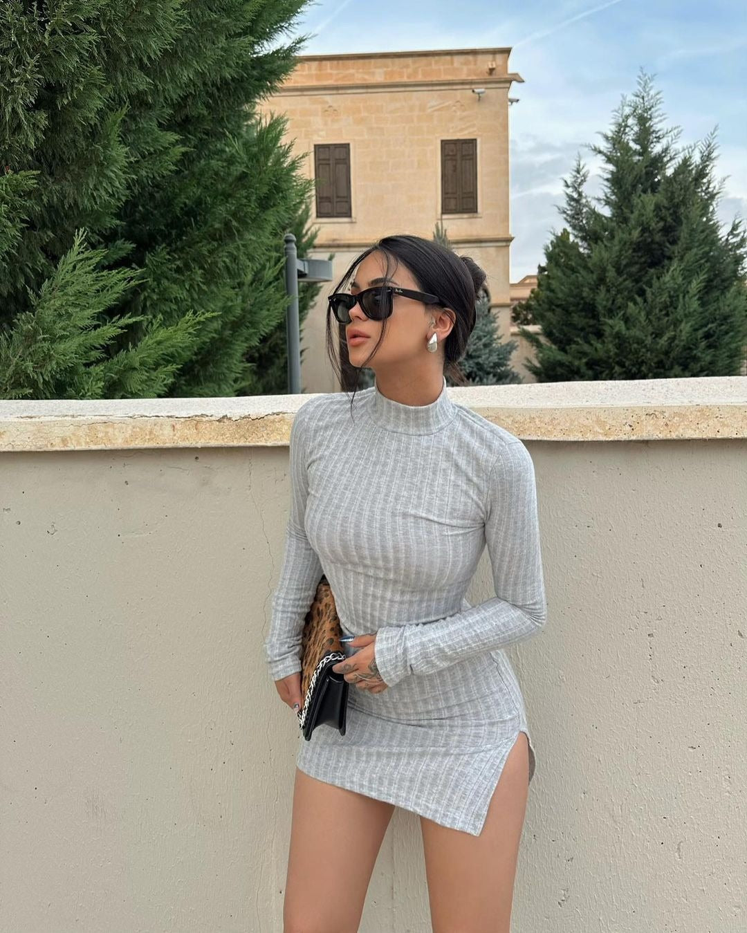 Women's Slim-Fitting Ribbed Knit Mini Dress with Turtleneck and Long Sleeves Mune Fashion