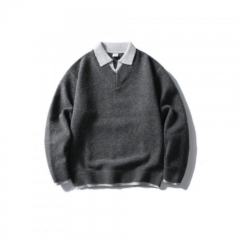 Unisex Oversized Knit Sweater with Contrasting Polo Collar and V-Neck Mune Fashion