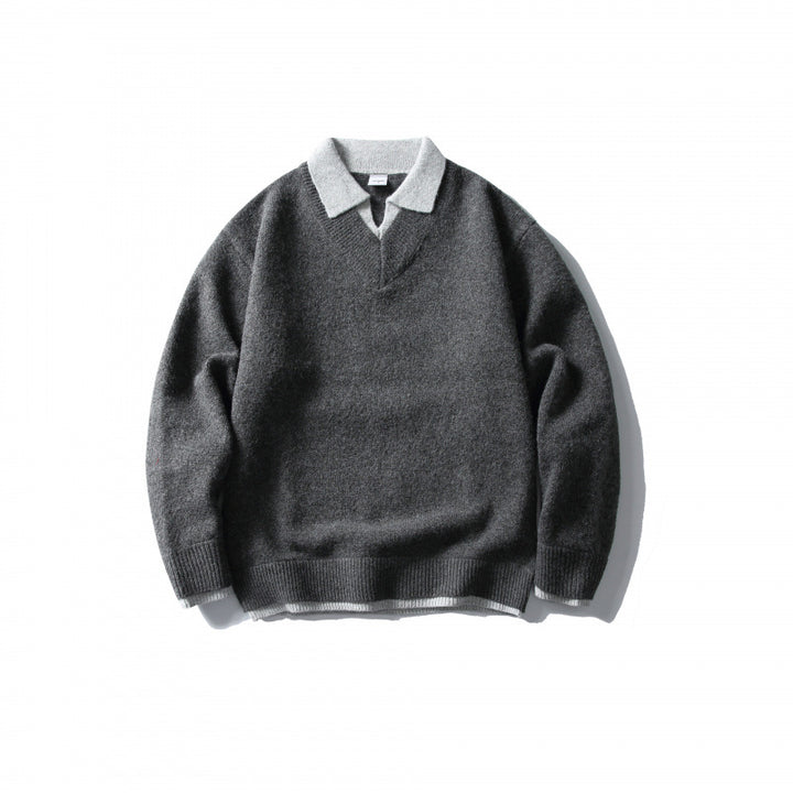 Unisex Oversized Knit Sweater with Contrasting Polo Collar and V-Neck Mune Fashion