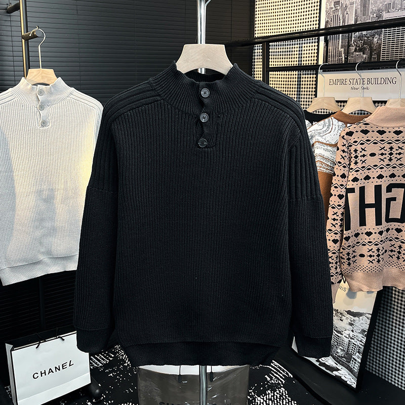 Men's chunky knit pullover with half button placket and high stand-up collar Mune Fashion