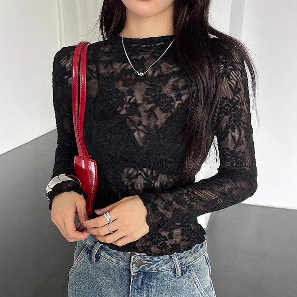 Women nan a fitted lace long-sleeve shirt with floral lace, slightly transparent and high collar Mune Fashion