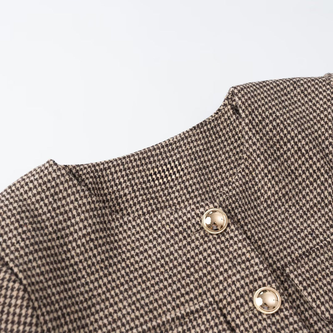 Women's Short Boucle Jacket in Houndstooth Look with Round Neck and Decorative Button Placket Mune Fashion