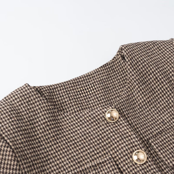 Women's Short Boucle Jacket in Houndstooth Look with Round Neck and Decorative Button Placket Mune Fashion