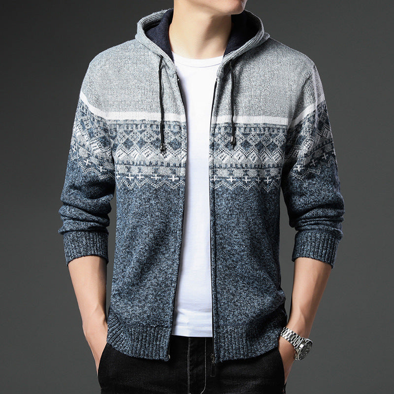 Men's Knit Zip Hoodie with Norwegian Pattern, Hood and Side Pockets Mune Fashion