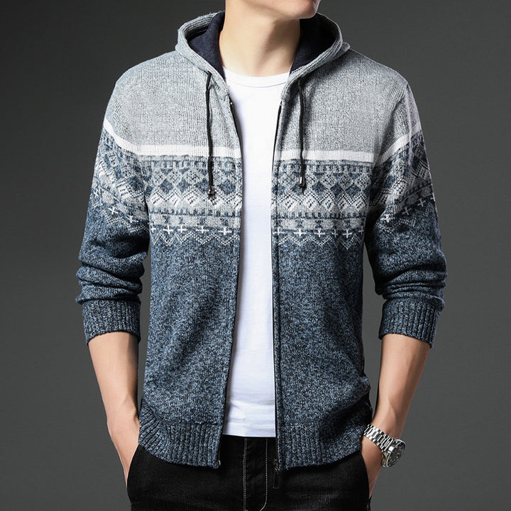 Men's Knit Zip Hoodie with Norwegian Pattern, Hood and Side Pockets Mune Fashion