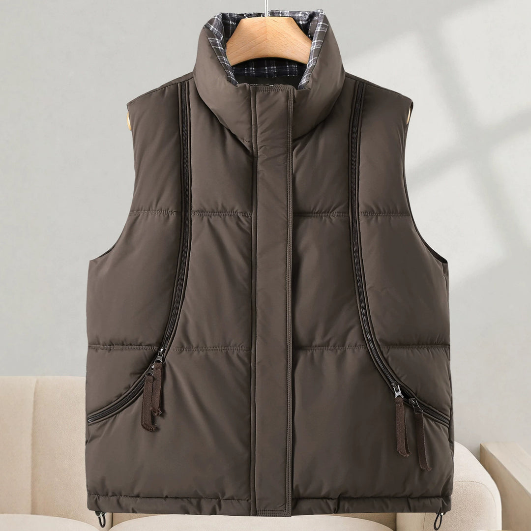 Women's Sleeveless Thermal Vest with High Stand Collar and Visible Vertical Zippers Mune Fashion