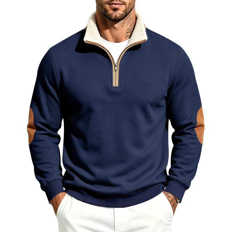 Men's Troyer Half-Zip Pullover with Teddy Fleece Lining, Faux Leather Elbow Patches and Stand-Up Collar Mune Fashion