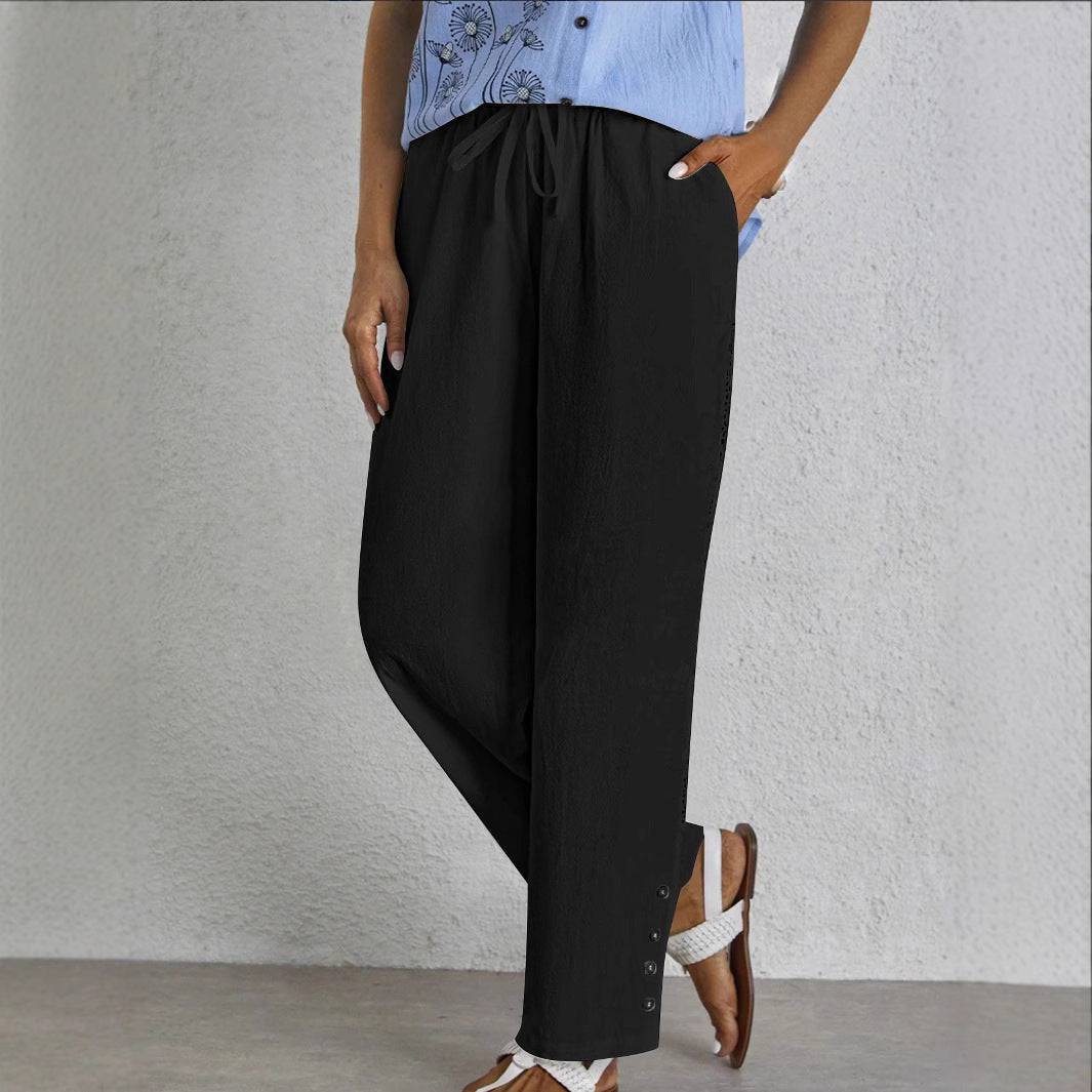 Women's Light Palazzo Pants with Elastic Waistband, Drawstring and Decorative Button Detail Mune Fashion