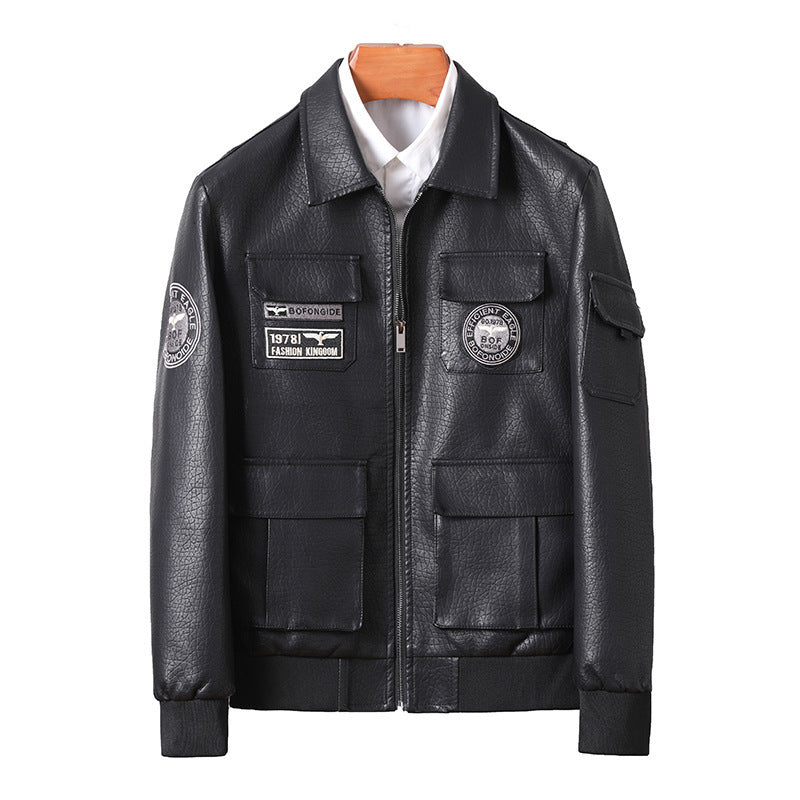 Men's faux leather field bomber jacket in pilot style with patch appliqués and front flap pockets Mune Fashion