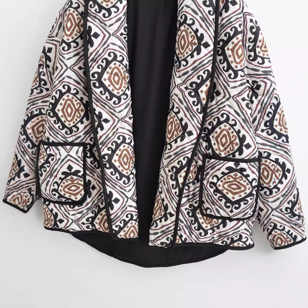 Women's Quilted Kimono Jacket with Ethno Print, Contrast Piping and Patch Pockets Mune Fashion