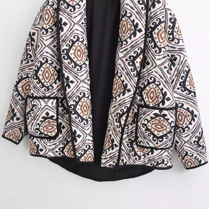 Women's Quilted Kimono Jacket with Ethno Print, Contrast Piping and Patch Pockets Mune Fashion