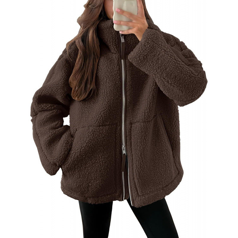 Ladies Cozy Teddy Fur Jacket with High Collar and Zipper Mune