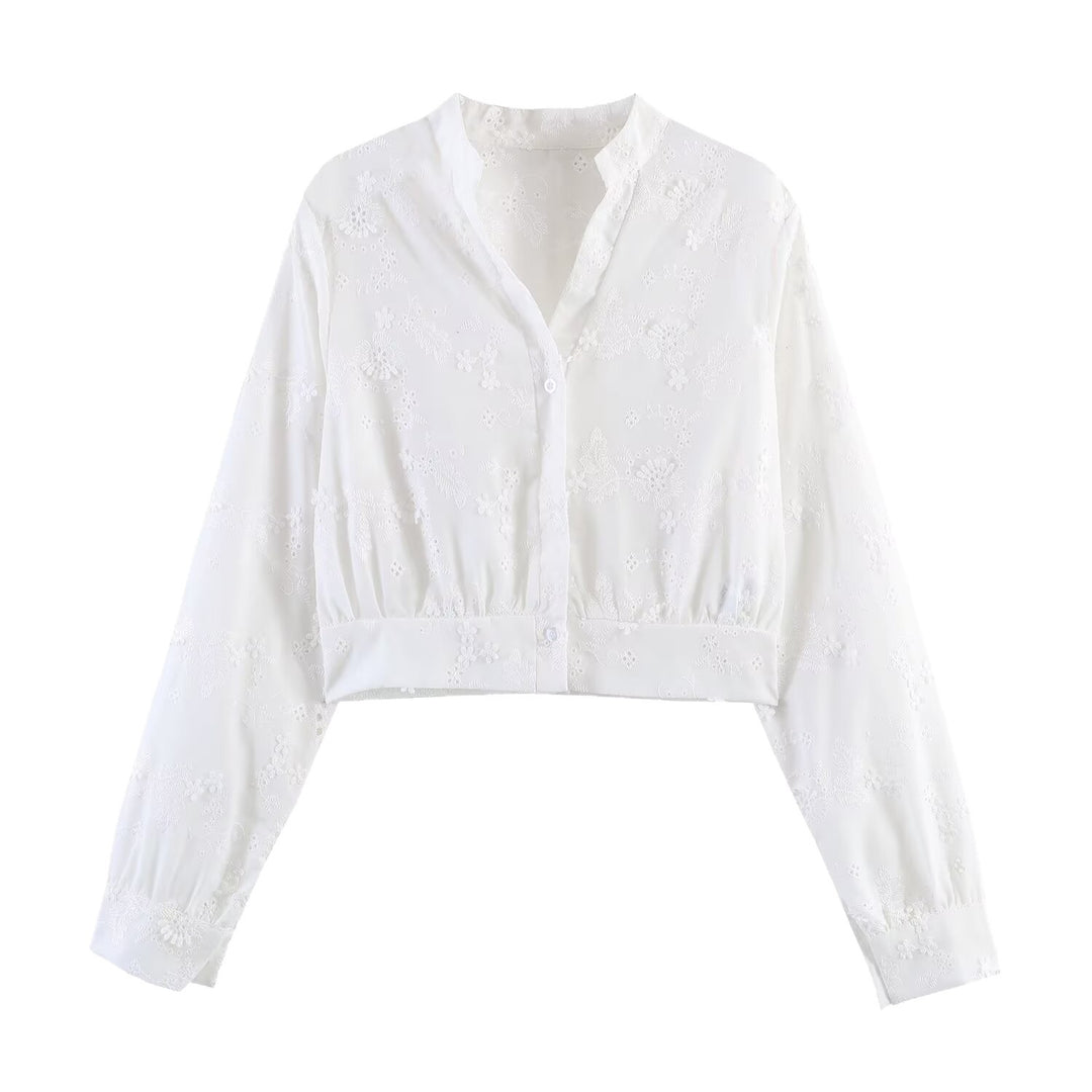 Women's Embroidered Cropped Blouse with Stand-up Collar, Cutwork Embroidery and Tailored Waist Mune Fashion