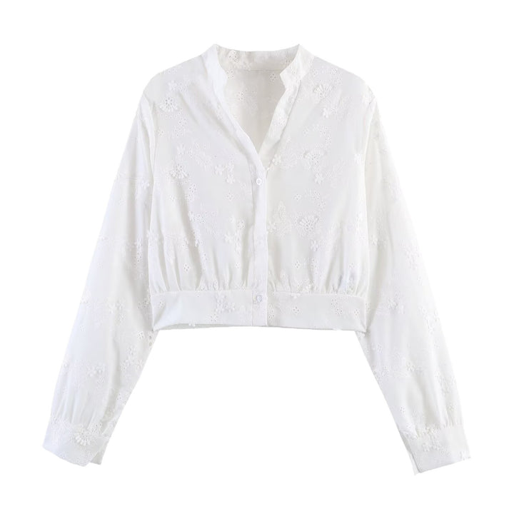 Women's Embroidered Cropped Blouse with Stand-up Collar, Cutwork Embroidery and Tailored Waist Mune Fashion