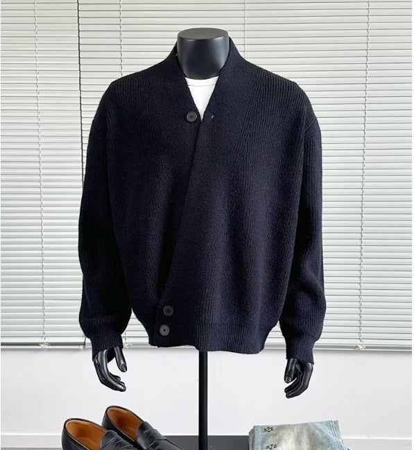 Men's chunky knit cardigan in oversized cut with shawl collar and asymmetrical 3-button placket Mune Fashion