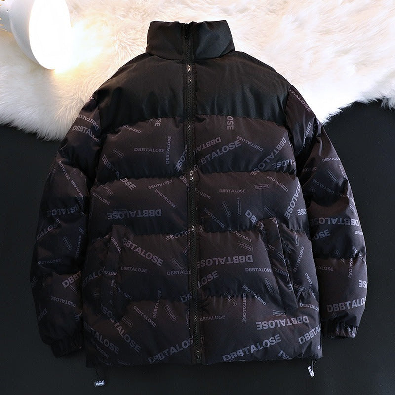 Unisex Padded Quilted Jacket with Allover Logo Print, High Stand-Up Collar & Adjustable Hem Mune Fashion