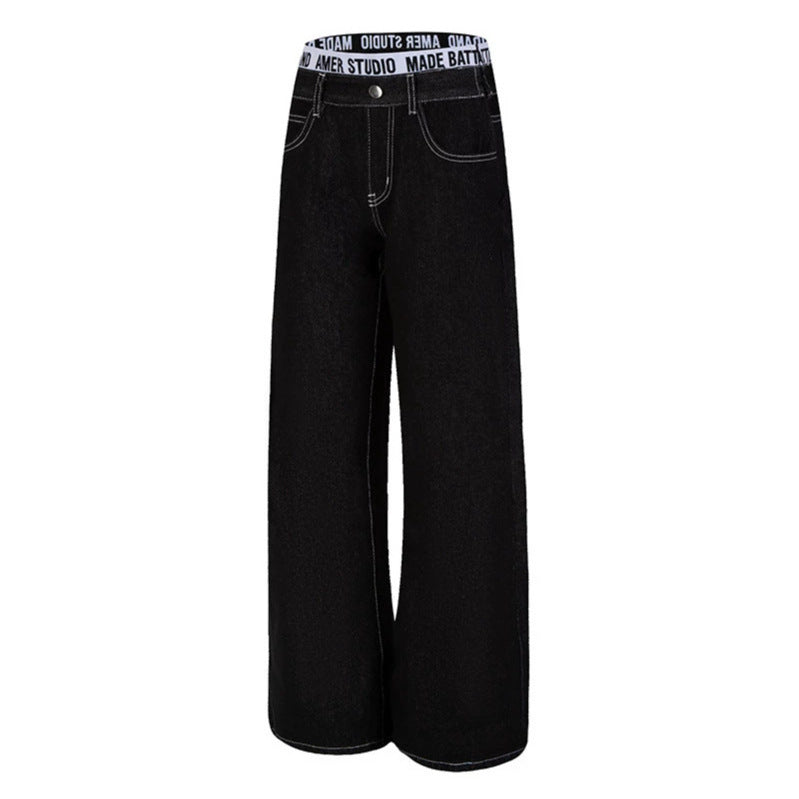 Women Wide High-Waist Denim Pants with Logo Elastic Waistband and Palazzo Silhouette Mune Fashion