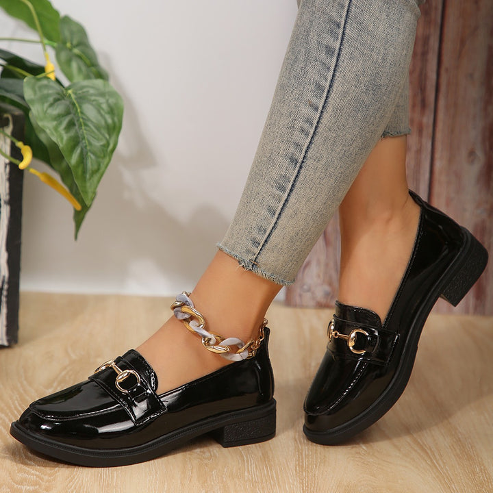 Ladies Patent Leather Platform Loafer with Gold Horsebit Detail and Low Block Heel Mune Fashion