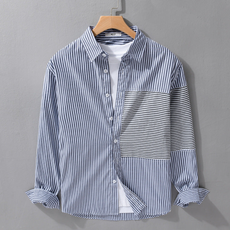 Men's Striped Patchwork Shirt with Chest Patch and Relaxed Fit Mune Fashion