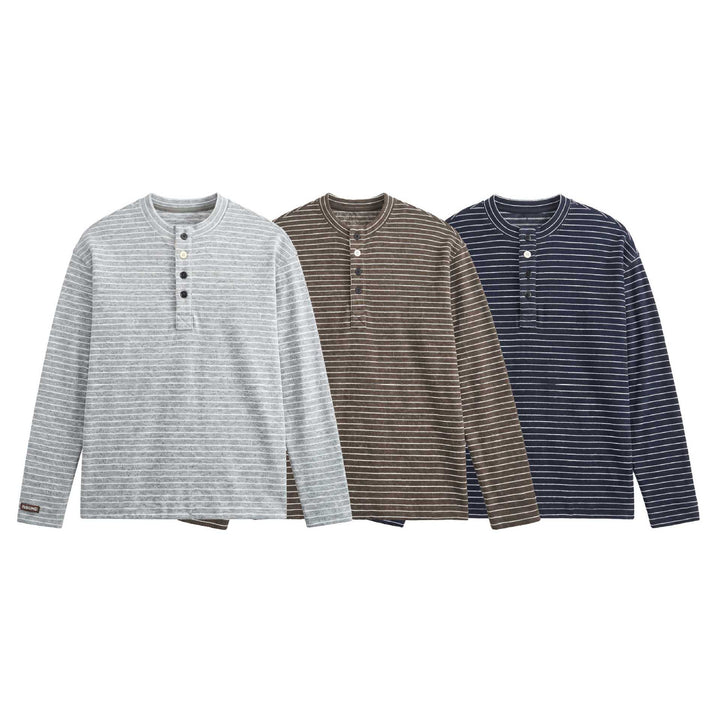 Men's Fine Knit Henley Shirt with Short Button Placket and Horizontal Stripe Pattern Mune Fashion