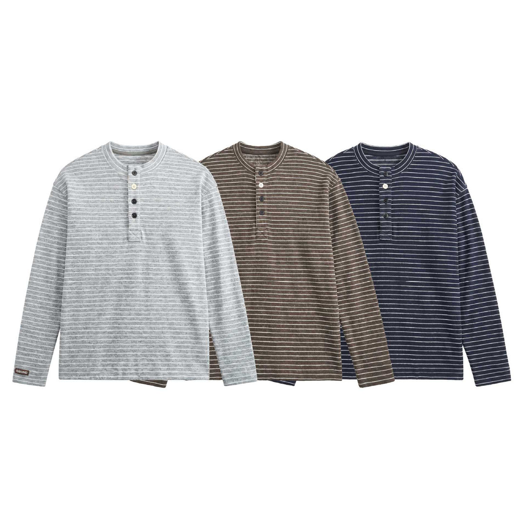 Men's Long Sleeve Henley Shirt in Fine Knit with Stripe Structure Mune Fashion