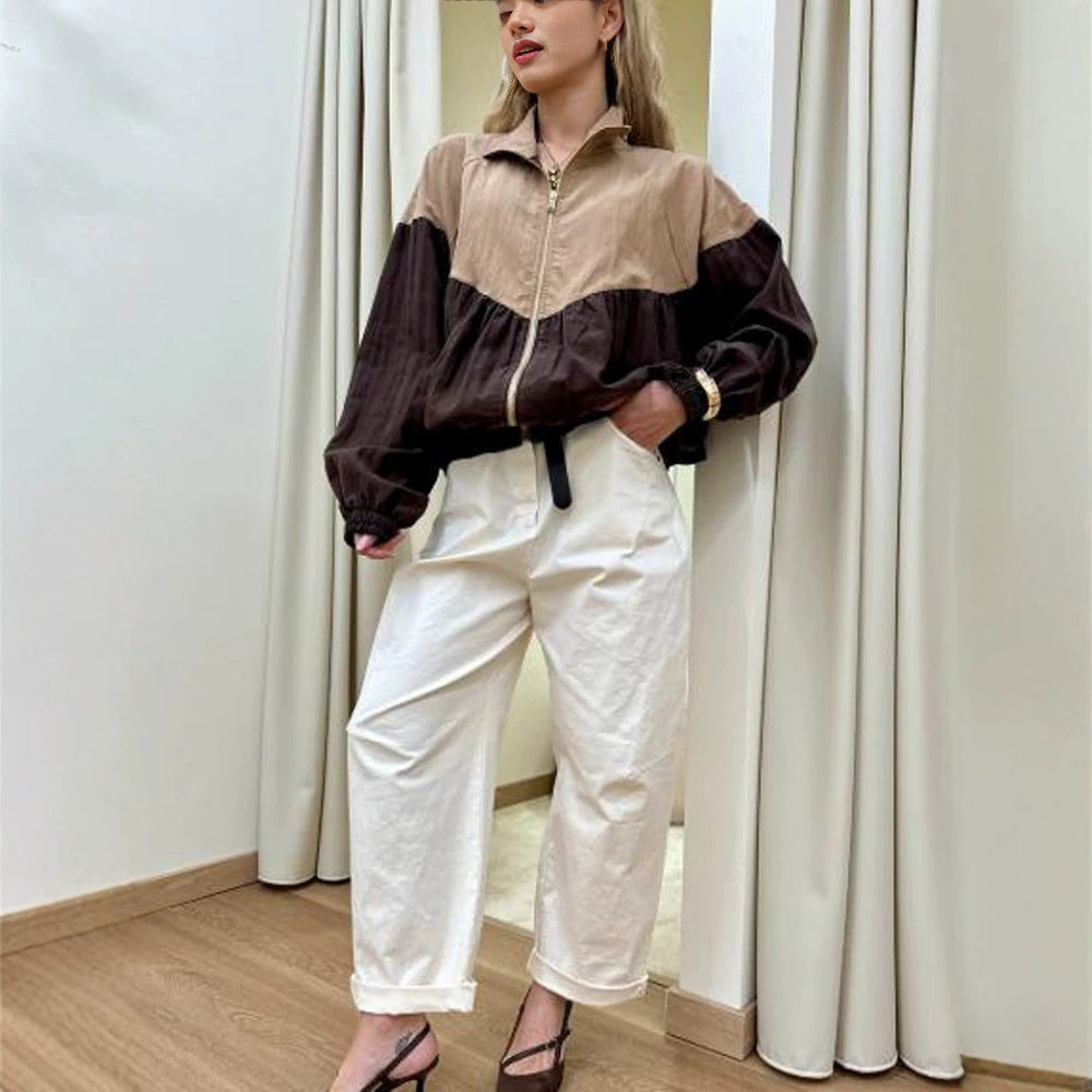 Women's short cut multicolored bomber jacket with drawstring, raglan sleeves, and zipper Mune Fashion