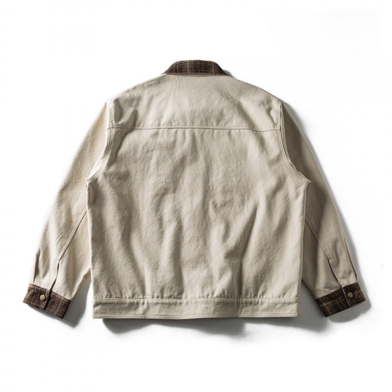 Men's Oversize Trucker Jacket made of Canvas with Contrast Check Collar and Patch Chest Pockets Mune Fashion